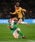 20 July 2023; Katrina Gorry of Australia is tackled by Niamh Fahey of Republic of Ireland during the FIFA Women's World Cup 2023 Group B match between Australia and Republic of Ireland at Stadium Australia in Sydney, Australia. Photo by Stephen McCarthy/Sportsfile