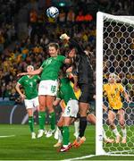 20 July 2023; Australia goalkeeper Mackenzie Arnold punches clear from Kyra Carusa of Republic of Ireland during the FIFA Women's World Cup 2023 Group B match between Australia and Republic of Ireland at Stadium Australia in Sydney, Australia. Photo by Stephen McCarthy/Sportsfile