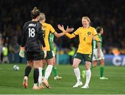 20 July 2023; Clare Polkinghorne celebrates with Alanna Kennedy of Australia after the FIFA Women's World Cup 2023 Group B match between Australia and Republic of Ireland at Stadium Australia in Sydney, Australia. Photo by Mick O'Shea/Sportsfile