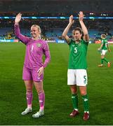 20 July 2023; Republic of Ireland goalkeeper Courtney Brosnan, left, and Niamh Fahey of Republic of Ireland after the FIFA Women's World Cup 2023 Group B match between Australia and Republic of Ireland at Stadium Australia in Sydney, Australia. Photo by Stephen McCarthy/Sportsfile