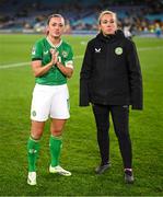 20 July 2023; Katie McCabe, left, and Republic of Ireland goalkeeper Grace Moloney after the FIFA Women's World Cup 2023 Group B match between Australia and Republic of Ireland at Stadium Australia in Sydney, Australia. Photo by Stephen McCarthy/Sportsfile