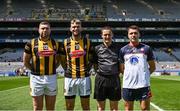 16 July 2023; Referee David Murnane with Kilkenny captains, Mick Kenny, left, and Jim Culleton and New York captain Danny Corcoran before the GAA Football All-Ireland Junior Championship Final match between New York and Kilkenny at Croke Park in Dublin. Photo by David Fitzgerald/Sportsfile