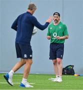 20 July 2023; Mack Hansen, right, and defence coach Simon Easterby during an Ireland rugby squad training session in the IRFU High Performance Centre at the Sport Ireland Campus in Dublin. Photo by Brendan Moran/Sportsfile