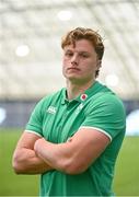 20 July 2023; Cian Prendergast poses for a portrait during an Ireland rugby media conference in the IRFU High Performance Centre at the Sport Ireland Campus in Dublin. Photo by Brendan Moran/Sportsfile