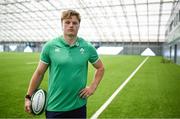 20 July 2023; Cian Prendergast poses for a portrait during an Ireland rugby media conference in the IRFU High Performance Centre at the Sport Ireland Campus in Dublin. Photo by Brendan Moran/Sportsfile