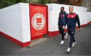 20 July 2023; St Patrick's Athletic players Thijs Timmermans, right, and Noah Lewis arrive before the UEFA Europa Conference League First Qualifying Round 2nd Leg match between St Patrick's Athletic and F91 Diddeleng at Richmond Park in Dublin. Photo by Seb Daly/Sportsfile