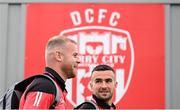 20 July 2023; Mark Connolly, left, and Michael Duffy of Derry City before the UEFA Europa Conference League First Qualifying Round 2nd Leg match between Derry City and HB at the Ryan McBride Brandywell Stadium in Derry. Photo by Ramsey Cardy/Sportsfile