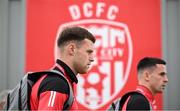 20 July 2023; Cameron McJannet, left, and Jordan McEneff of Derry City before the UEFA Europa Conference League First Qualifying Round 2nd Leg match between Derry City and HB at the Ryan McBride Brandywell Stadium in Derry. Photo by Ramsey Cardy/Sportsfile