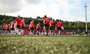 20 July 2023; Derry City players warm-up before the UEFA Europa Conference League First Qualifying Round 2nd Leg match between Derry City and HB at the Ryan McBride Brandywell Stadium in Derry. Photo by Ramsey Cardy/Sportsfile