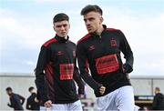 20 July 2023; Archie Davies, right, and Alfie Lewis of Dundalk before the UEFA Europa Conference League First Qualifying Round 2nd Leg match between Dundalk and FC Bruno's Magpies at Oriel Park in Dundalk, Louth. Photo by Ben McShane/Sportsfile