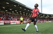 20 July 2023; Sadou Diallo of Derry City celebrates after scoring his side's first goal during the UEFA Europa Conference League First Qualifying Round 2nd Leg match between Derry City and HB at the Ryan McBride Brandywell Stadium in Derry. Photo by Ramsey Cardy/Sportsfile