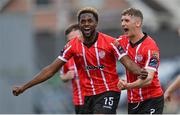 20 July 2023; Sadou Diallo of Derry City celebrates after scoring his side's first goal during the UEFA Europa Conference League First Qualifying Round 2nd Leg match between Derry City and HB at the Ryan McBride Brandywell Stadium in Derry. Photo by Ramsey Cardy/Sportsfile