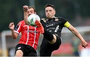 20 July 2023; Viljormur Davidsen of HB in action against Paul McMullan of Derry City during the UEFA Europa Conference League First Qualifying Round 2nd Leg match between Derry City and HB at the Ryan McBride Brandywell Stadium in Derry. Photo by Ramsey Cardy/Sportsfile