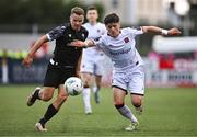 20 July 2023; Jamie Coombes of FC Bruno's Magpies in action against Ryan O'Kane of Dundalk during the UEFA Europa Conference League First Qualifying Round 2nd Leg match between Dundalk and FC Bruno's Magpies at Oriel Park in Dundalk, Louth. Photo by Ben McShane/Sportsfile