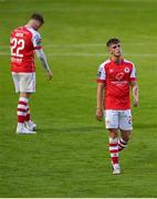 20 July 2023; Adam Murphy of St Patrick's Athletic, right, reacts after his side conceded a third goal during the UEFA Europa Conference League First Qualifying Round 2nd Leg match between St Patrick's Athletic and F91 Diddeleng at Richmond Park in Dublin. Photo by Seb Daly/Sportsfile