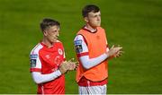 20 July 2023; St Patrick's Athletic players Chris Forrester, left, and Conor Carty after their side's defeat in the UEFA Europa Conference League First Qualifying Round 2nd Leg match between St Patrick's Athletic and F91 Diddeleng at Richmond Park in Dublin. Photo by Seb Daly/Sportsfile
