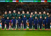 20 July 2023; Republic of Ireland players, from left, Katie McCabe, Courtney Brosnan, Louise Quinn, Niamh Fahey, Megan Connolly, Ruesha Littlejohn, Denise O'Sullivan, Heather Payne, Sinead Farrelly, Kyra Carusa and Marissa Sheva stand for the playing of the National Anthem before the FIFA Women's World Cup 2023 Group B match between Australia and Republic of Ireland at Stadium Australia in Sydney, Australia. Photo by Stephen McCarthy/Sportsfile