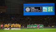 20 July 2023; Republic of Ireland and Australia players observe a minute of silence for the victims of the Auckland shooting before the FIFA Women's World Cup 2023 Group B match between Australia and Republic of Ireland at Stadium Australia in Sydney, Australia. Photo by Stephen McCarthy/Sportsfile