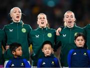 20 July 2023; Republic of Ireland players, from left, Louise Quinn, Niamh Fahey and Megan Connolly sing the national anthem before the FIFA Women's World Cup 2023 Group B match between Australia and Republic of Ireland at Stadium Australia in Sydney, Australia. Photo by Stephen McCarthy/Sportsfile