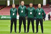 20 July 2023; Match officials, from left, sssistant referee Martins Svipsts, referee Edgars Malcevs, assistant referee Deniss Sevcenko and fourth official Aleksandrs Anufrijevs before the UEFA Europa Conference League First Qualifying Round 2nd Leg match between St Patrick's Athletic and F91 Diddeleng at Richmond Park in Dublin. Photo by Seb Daly/Sportsfile