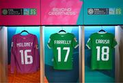20 July 2023; The jersey's of Grace Moloney, Sinead Farrelly and Kyra Carusa hang in the Republic of Ireland dressing room before the FIFA Women's World Cup 2023 Group B match between Australia and Republic of Ireland at Stadium Australia in Sydney, Australia. Photo by Stephen McCarthy/Sportsfile