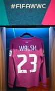 20 July 2023; The jersey of goalkeeper Megan Walsh hangs in the Republic of Ireland dressing room before the FIFA Women's World Cup 2023 Group B match between Australia and Republic of Ireland at Stadium Australia in Sydney, Australia. Photo by Stephen McCarthy/Sportsfile