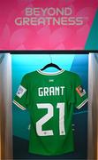 20 July 2023; The jersey of Ciara Grant hangs in the Republic of Ireland dressing room before the FIFA Women's World Cup 2023 Group B match between Australia and Republic of Ireland at Stadium Australia in Sydney, Australia. Photo by Stephen McCarthy/Sportsfile