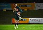 21 July 2023; Claire O'Riordan is held up by Amber Barrett during a Republic of Ireland training session at Meakin Park in Brisbane, Australia, ahead of their second Group B match of the FIFA Women's World Cup 2023, against Canada. Photo by Stephen McCarthy/Sportsfile