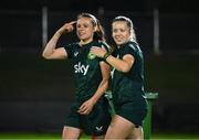 21 July 2023; Áine O'Gorman and Harriet Scott, right, during a Republic of Ireland training session at Meakin Park in Brisbane, Australia, ahead of their second Group B match of the FIFA Women's World Cup 2023, against Canada. Photo by Stephen McCarthy/Sportsfile