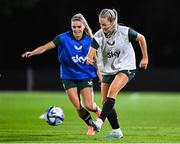 21 July 2023; Lily Agg and Jamie Finn, left, during a Republic of Ireland training session at Meakin Park in Brisbane, Australia, ahead of their second Group B match of the FIFA Women's World Cup 2023, against Canada. Photo by Stephen McCarthy/Sportsfile
