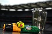 21 July 2023; The Liam MacCarthy Cup with Limerick and Kilkenny jerseys, and the matchday sliotar, before the GAA Hurling All-Ireland Senior Championship Final between Kilkenny and Limerick at Croke Park in Dublin. Photo by Ramsey Cardy/Sportsfile