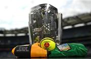 21 July 2023; The Liam MacCarthy Cup with Limerick and Kilkenny jerseys, and the matchday sliotar, before the GAA Hurling All-Ireland Senior Championship Final between Kilkenny and Limerick at Croke Park in Dublin. Photo by Ramsey Cardy/Sportsfile