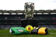 21 July 2023; The Liam MacCarthy Cup with Limerick and Kilkenny jerseys, and the matchday sliotar, before the GAA Hurling All-Ireland Senior Championship Final between Kilkenny and Limerick at Croke Park in Dublin. Photo by Ramsey Cardy/Sportsfile