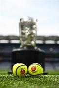 21 July 2023; The Liam MacCarthy Cup with the matchday sliotars before the GAA Hurling All-Ireland Senior Championship Final between Kilkenny and Limerick at Croke Park in Dublin. Photo by Ramsey Cardy/Sportsfile