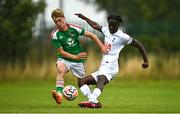 21 July 2023; Damola Ajayi of Tottenham Hotspur in action against Alex Kelliher of Cork City during the friendly match between Cork City U19s and Tottenham Hotspur U18s at Bishopstown Stadium in Cork. Photo by Eóin Noonan/Sportsfile
