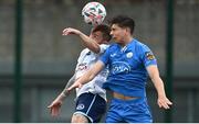 21 July 2023; Mark Townley of Kilbarrack United in action against Daithi McCallion of Finn Harps during the Sports Direct Men’s FAI Cup First Round match between Kilbarrack United and Finn Harps at White Heart Lane in Kilbarrack, Dublin. Photo by David Fitzgerald/Sportsfile
