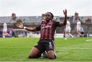 21 July 2023; Jonathan Afolabi of Bohemians celebrates after scoring his side's first goal during the Sports Direct Men’s FAI Cup First Round match between Bohemians and Shelbourne at Dalymount Park in Dublin. Photo by John Sheridan/Sportsfile