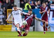 21 July 2023; Kailin Barlow of Sligo Rovers in action against Gary Deegan of Drogheda United during the Sports Direct Men’s FAI Cup First Round match between Drogheda United and Sligo Rovers at Weavers Park in Drogheda, Louth. Photo by Ben McShane/Sportsfile