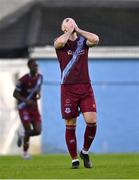 21 July 2023; Conor Keeley of Drogheda United reacts after a missed opportunity on goal during the Sports Direct Men’s FAI Cup First Round match between Drogheda United and Sligo Rovers at Weavers Park in Drogheda, Louth. Photo by Ben McShane/Sportsfile