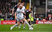 21 July 2023; Paddy Kirk of Bohemians in action against Mark Coyle of Shelbourne during the Sports Direct Men’s FAI Cup First Round match between Bohemians and Shelbourne at Dalymount Park in Dublin. Photo by Seb Daly/Sportsfile