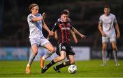 21 July 2023; James McManus of Bohemians in action against Harry Wood of Shelbourne during the Sports Direct Men’s FAI Cup First Round match between Bohemians and Shelbourne at Dalymount Park in Dublin. Photo by Seb Daly/Sportsfile