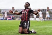21 July 2023; Jonathan Afolabi of Bohemians celebrates after scoring his side's first goal during the Sports Direct Men’s FAI Cup First Round match between Bohemians and Shelbourne at Dalymount Park in Dublin. Photo by John Sheridan/Sportsfile