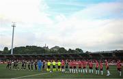 20 July 2023; Both teams line up before the UEFA Europa Conference League First Qualifying Round 2nd Leg match between Derry City and HB at the Ryan McBride Brandywell Stadium in Derry. Photo by Ramsey Cardy/Sportsfile