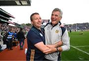 15 July 2023; Meath manager Colm O'Rourke, right, celebrates with selector Barry Callaghan after the Tailteann Cup Final match between Down and Meath at Croke Park in Dublin. Photo by Ramsey Cardy/Sportsfile