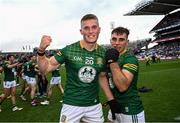 15 July 2023; Jack Flynn, left, and Seán Coffey of Meath celebrate after the Tailteann Cup Final match between Down and Meath at Croke Park in Dublin. Photo by Ramsey Cardy/Sportsfile