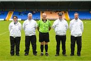22 July 2023; Referee Ciarán Groome with umpires before the TG4 LGFA All-Ireland Junior Championship semi-final match between Limerick and Fermanagh at Glennon Brothers Pearse Park in Longford. Photo by David Fitzgerald/Sportsfile