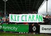 22 July 2023; Cork City supporters display a banner for Ciarán Keating, father of Cork City player Ruairi Keating, who passed away last weekend, during the Sports Direct Men’s FAI Cup First Round match between Treaty United and Cork City at Markets Field in Limerick. Photo by Michael P Ryan/Sportsfile