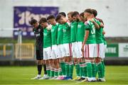 22 July 2023; Cork City players stand for a minute's silence for Ciarán Keating, father of Cork City player Ruairi Keating, who passed away last weekend, before the Sports Direct Men’s FAI Cup First Round match between Treaty United and Cork City at Markets Field in Limerick. Photo by Michael P Ryan/Sportsfile