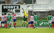 22 July 2023; Treaty United goalkeeper Conor Winn reaches for cross during the Sports Direct Men’s FAI Cup First Round match between Treaty United and Cork City at Markets Field in Limerick. Photo by Michael P Ryan/Sportsfile