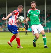 22 July 2023; William Armshaw of Treaty United in action against Conor Drinan of Cork Cit during the Sports Direct Men’s FAI Cup First Round match between Treaty United and Cork City at Markets Field in Limerick. Photo by Michael P Ryan/Sportsfile